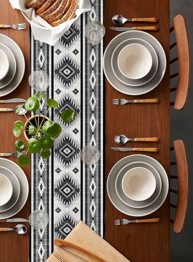 Aztec Southwest Cotton Linen Table Runner for Dining Kitchen, Wedding Outdoor Party Tablerunners Decoration, Boho Ethnic Tribes Vintage Grey Dresser Scarf Coffee Tablecloth Runners 13x120 Inches