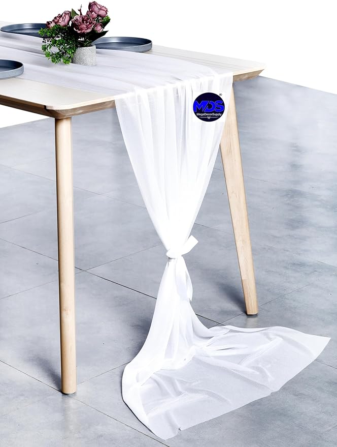 MDS 15 Pack 10ft Chiffon Table Runner 29 x 120 Inches Sheer Wedding Runner Romantic Rustic Table Runner for Wedding Decorations, Birthday Parties, Bridal Shower Party Arch Decor - White