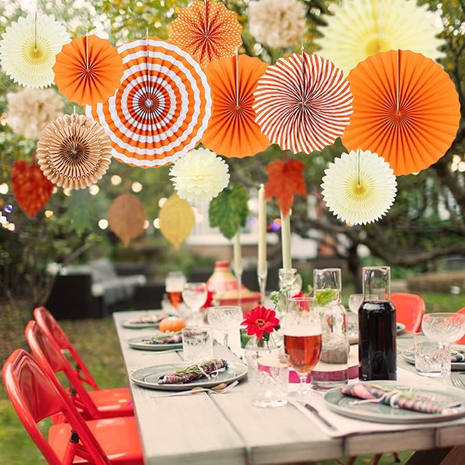 Easy Joy 14 Pcs Fall Party Decorations, Orange Hanging Paper Fans Autumn Paper Pompoms Lanterns Maple Leaves Bunting Garlands for Thanksgiving Celebration, Birthday Decor
