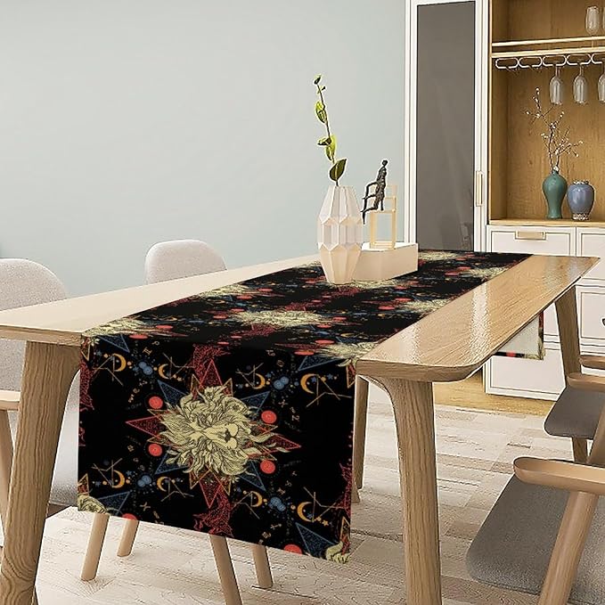 Boho Moon Lion Table Runner, Chinese Fish Phase of The Moon Sun Moon Table Runner for Kitchen Dining Table Home Party,13x108 Inch Black Red