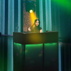 LUCKUP DJ Facade Booth 41"L x 20"W Portable DJ Facade with White & Black Scrim, Foldable DJ Table Station with LED Strips for Party, Black Metal Frame