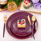 Liacere 150PCS Purple Plastic Plates - Gold Plastic Silverware with Purple Handle - Disposable Plates Include 30 Guests Plates, Forks, Spoons, Knives for Wedding&Father's Day&Independence Day