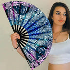 UV Glow Rave Fan, Bamboo Folding Clack Hand Fans Foldable for Men Women, Boots on the Ground Poping Fan for EDM Festival Line Dance Decoration, (Kaleidoscope Girls, Large 13")