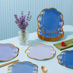48Pcs Light Blue Scalloped Party Plates - 7inch Gold Foil Gradient Blue Dessert Paper Plate Disposable Cake Plates for Birthday Bridal Baby Shower Wedding Party Decorative Supplies