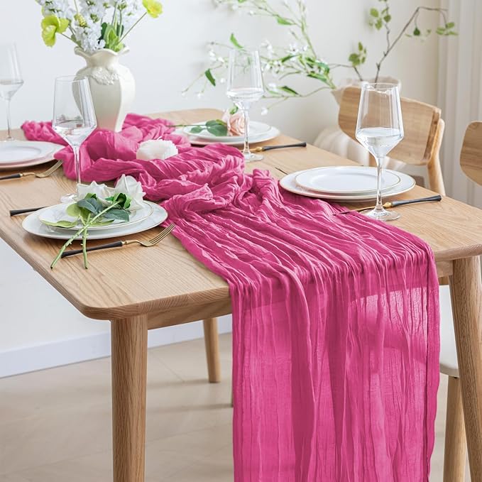 Asee'm 2pcs Cheesecloth Table Runner 120 Inches Long Deep Pink Boho Gauze Cheese Cloth Runner 10FT Rustic Sheer Table Runners for Christmas Wedding Party Baby Shower Spring Easter Decoration