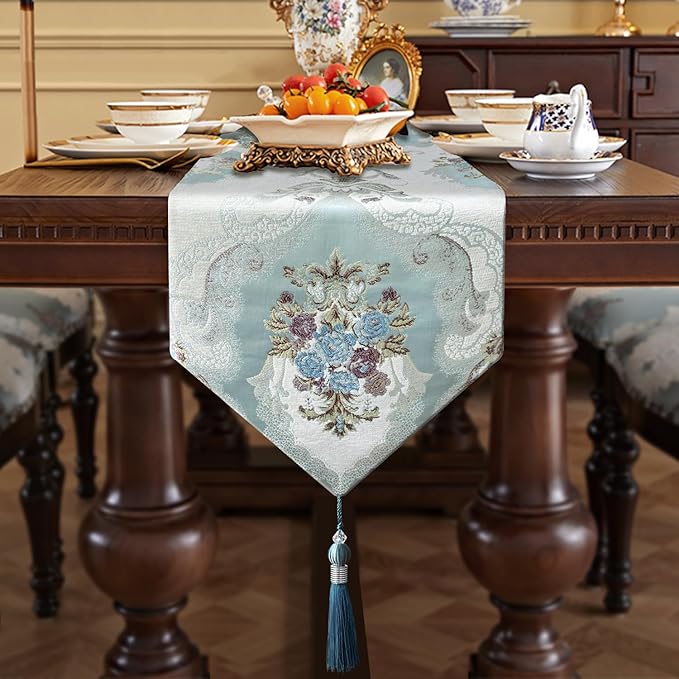 HeMiaor Chenille Luxury Table Runner Jacquard Textured Design for Office Desk Decoration and Coffee Table Decor Light Blue Table Runners 72 inches Long