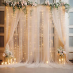 30×10ft Champagne Tulle Backdrop Curtain with Lights String for Parites, Sheer Photo Backdrop Curtains for Wedding Party Photography Background