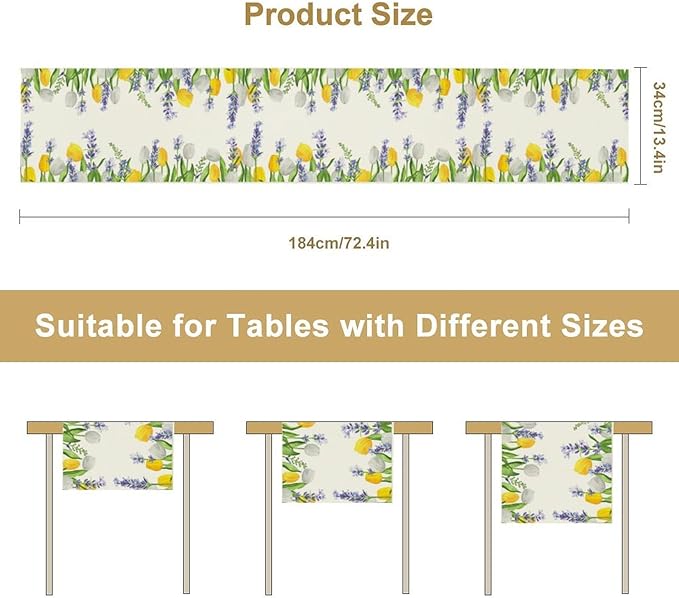Floral Tulip Lavender Table Runner, Spring Watercolor Flower Plants Nature Butterfly Table Runner for Kitchen Dinner Living Room Home Party, 13x36 Inch