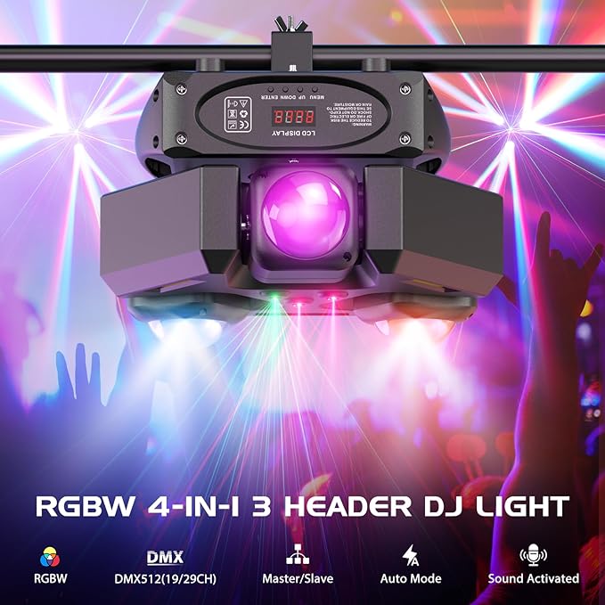 Moving Head DJ Lights, 150W RGBW LED Laser Stage Light,XY Dual-Axis Rotating,Strobe & Star Effect,Linear Dimming, DMX Sound Activated,Laser Party Lights for Live Show,Wedding,KTV Club,Bar