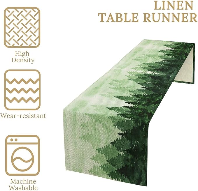 Foggy Forest Table Runner,Watercolor Wreen Misty Forest Landscape Table Runner for Kitchen Dining Table Home Party Decoration 13x108 Inch