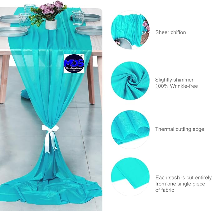 MDS 15 Pack 10ft Chiffon Table Runner 29 x 120 Inches Sheer Wedding Runner Romantic Rustic Table Runner for Wedding Decorations, Birthday Parties, Bridal Shower Party Arch Decor - Peacock Blue