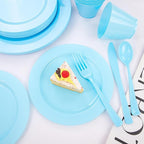 KIRE 150 Piece Blue Plastic Plates Disposable - Blue Dinnerware Set Includes 25 Dinner Plates, 25 Salad Plates, 25 Utensils Set 25 Clear Cups for Birthday/Picnic/Baby Shower