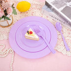 KIRE 150 PCS Purple Plastic Plates - Purple Dinnerware Set Disposable 25 Dinner & 25 Salad Plates 25Forks 25Knives 25Spoons 25Clear Cups for Birthday/Baby Shower