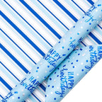 LeZakaa Reversible Blue Birthday Wrapping Paper Roll for Boys Men, Happy Birthday Lettering & Stripe Pattern with Metallic Foil in Blue, 30in x 32.8Ft