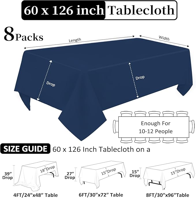 8 Pack Navy Blue Tablecloth 60 x 126 Inch Rectangular Tablecloths for 8 Foot Rectangle Tables, Wrinkle Resistant Blue Table Cloth Washable Polyester Fabric Table Covers for Party Wedding Banquet