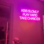 Kiss Slowly Play Hard Take Chances Neon Sign Pink LED Light Inspirational Wall Decor Motivational Gift for Bedroom Living Room Party Home