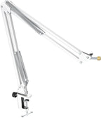 FIFINE Microphone Boom Arm, Suspension Mic Arm Stand with Mount Clamp, Metal Scissor Mic Stand with 3/8" to 5/8" Adapter for Home Studio Recording Podcast Gaming-CS1 White