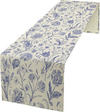 Monochrome Sketch Flowers Table Runner, Seasonal Spring Fall Plants Blue Florals Dinner Runner for Home Kitchen Dining Table Party Holiday Decoration 13"x90"