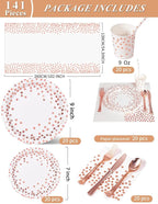 141 Pieces Rose Gold Party Supplies, Party Dinnerware Sets Include Paper Plates Napkins Cups Silverware, for Wedding Bridal Shower Engagement Birthday Parties Decoration -20 Serves