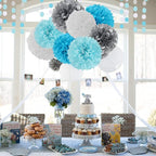 Royal-Light Blue Silver Party Decorations - 30pcs Tissue Pom Poms Streamers,Birthday Tassel Garland Banner,Graduation Wedding Engagement Baby Bridal Shower Decor Ouruola