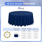 6 Pack Round Tablecloths - 90 Inch, Navy Blue Polyester Table Cover, Stain and Wrinkle Resistant Washable Fabric, Wedding Banquet Parties