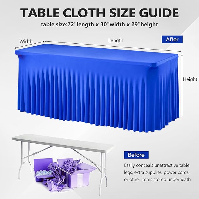 Wish Care 2 Pack Royal Blue Spandex Table Clothes for 6 Foot Rectangle Tables, 6FT Wrinkle Free Fitted Tablecloths Ruffles Design Table Cloth for Party, Banquet, Wedding and Events