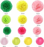 Hawaiian Pink Green-Yellow Party-Decorations - 20pcs Aloha Paper Lanterns Fans,Tissue Pom Poms,Honeycomb Balls,Tropical Pool Jungle Bachelorette Birthday Supplies Summer Beach Burgleda