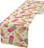 Ice Cream Popsicles Table Runner, Watercolor Summer Seasonal Fruit Peach Kiwi Berry Popsicles Orange Pink Sweet Dessert Dinner Runner for Party Holiday Home Kitchen Dining Table Decor 13"x108"