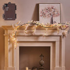 Fudios Lighted Garland Spring with Cherry Blossom 96 Fairy Lights 6FT for Mantle Year Round,Flower Garland with Lights with Timer Battery Operated for Wedding Party
