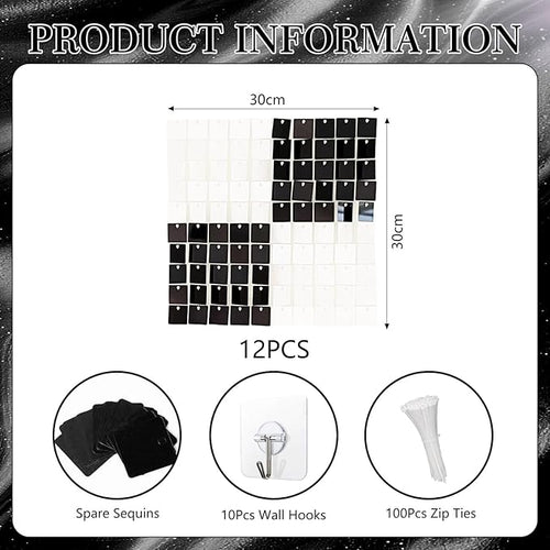 12PCS Black White Shimmer Wall Backdrop, Square Sequin Photo Backdrops Panel, Glitter Wall Background for Birthdays, Weddings, Christmas, Engagements, Disco Bachelorette Party Decor (3FTx4FT)