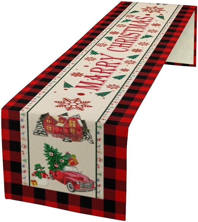 Merry Christmas Table Runner,Winter Xmas Holiday Table Cloth Kitchen Dining Table Decoration for Home Party Decor 13x108 Inch