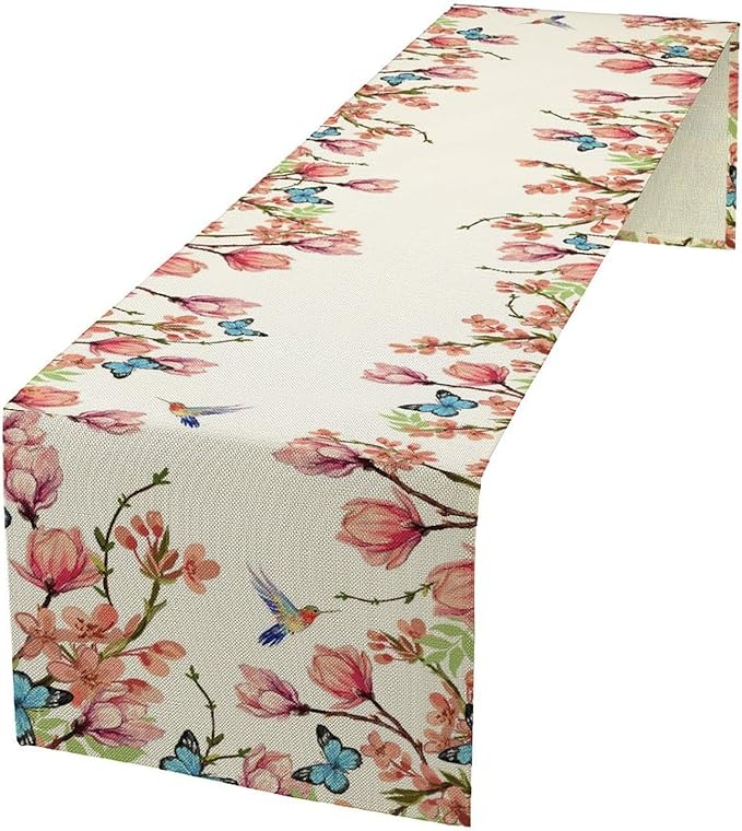 Spring Floral Bird Table Runner, Watercolor Pink Flower Plants Nature Butterfly Table Runner for Kitchen Dinner Living Room Home Party, 13x36 Inch