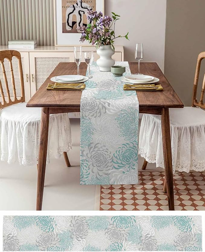 Auqa Chrysanthemum Cotton Linen Table Runner for Dining Kitchen, Wedding Outdoor Party Tablerunners Decoration, Farmhouse Floral Botanical Leaves Dresser Scarf Coffee Tablecloth Runners 13x48 Inches