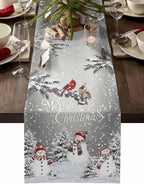 Christmas Snowman Cotton Linen Table Runner for Dining Kitchen, Snowflakes Xmas Pine Tree Wedding Outdoor Party Tablerunner Decoration Winter Bird Dresser Scarf Coffee Tablecloth Runners 13x90 Inches