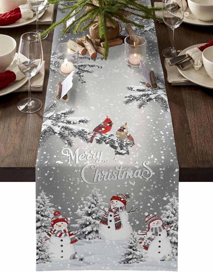Christmas Snowman Cotton Linen Table Runner for Dining Kitchen, Snowflakes Xmas Pine Tree Wedding Outdoor Party Tablerunner Decoration Winter Bird Dresser Scarf Coffee Tablecloth Runners 13x108 Inches