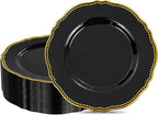 Hioasis 60pcs Balck Plastic Plates - Black and Gold Disposable Dinnerware with Gold Rim, Heavy-duty, 10.25 inch, Dinner Plates for Party & Wedding