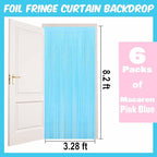 6 Pack Macaron Pink Blue Foil Fringe Curtains Backdrop, 3.28 x 8.2 Ft Metallic Streamers Tinsel Curtains Background for Photo Booth, Birthday, Weddings, Carnivals, Graduation, Themed Party Decorations