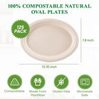 Vplus 100% Compostable Oval Paper Plates 10 inch 125 Pack Super Strong Disposable Paper Plates Bagasse Natural Biodegradable Eco-Friendly Sugarcane for BBQ, Party, Gathering, and Picnic