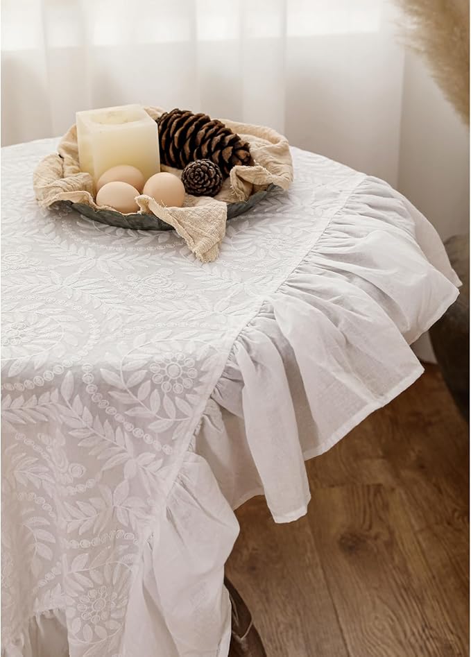 patdrea Vintage Ruffle Tablecloth for Square Tables,Farmhouse Embroidered Cotton White Lace Table Cloth Cover Decor for Dining Room Wedding Banquet Thanksgiving Christmas,51"*51"