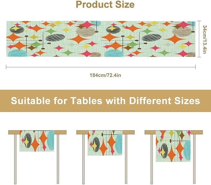 Mid Century Table Runner,Abstract Retro Modern Geometric Colorful Stripe Pattern Print Tablecloth Burlap for Hotel Indoors Outdoor Dining Room Kitchen Holiday Party, 13x60in