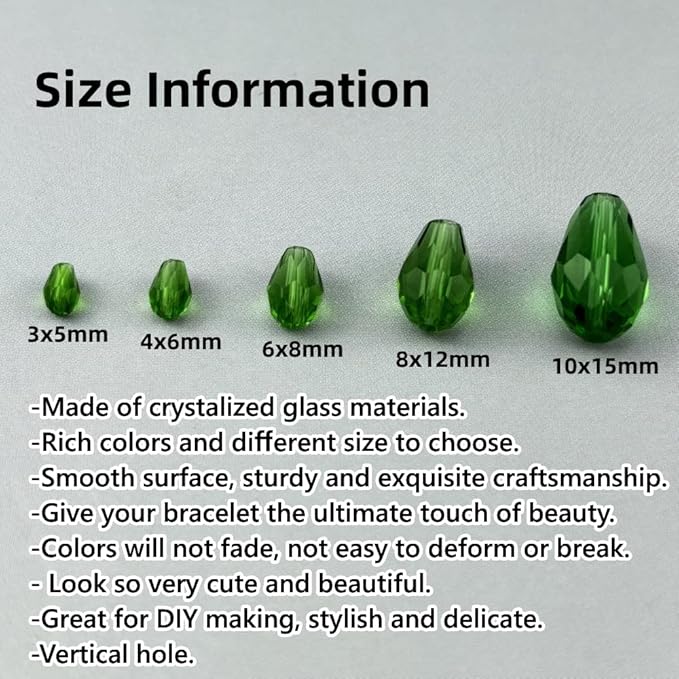 200pcs 3x5mm Teardrop Crystal Glass Beads for Jewelry Making, Faceted Vertical Hole Teardrop Glass Spacer Beads for Wind Chimes Bracelet Earring Necklace DIY Craft(Grass Green)