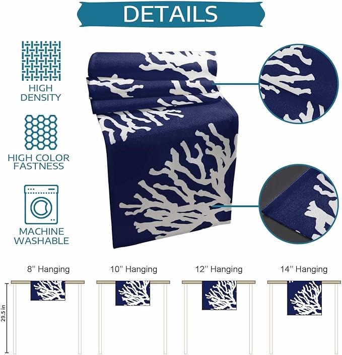Coastal Coral Cotton Linen Table Runner for Dining Kitchen, Wedding Outdoor Party Tablerunners Decoration, Navy Blue Nautical Ocean Beach Dresser Scarf Coffee Tablecloth Runners 13x36 Inches