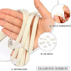 Off-White Pearls Ribbon 3 Yards Self Adhesive Pearls Strips Diamond Ribbon Sticker Crystal Roll Glitter Bling Rhinestones Tape for Crafting DIY Art Decoration (0.4 Inch)