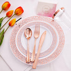 WELLIFE 175 Pieces Rose Gold Plastic Dinnerware,Rose Gold Dinnerware Set Include: 25 Dinner Plates 10.25", 25 Salad Plates 7.5", 25 Cups, 50 Forks, 25 Knives and 25 Spoons for Party