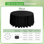 6 Pack Round Tablecloths - 108 Inch, Black Polyester Table Cover for Round Table, Stain and Wrinkle Resistant Washable Fabric Table Cloth, Polyester Tablecloth for Wedding Banquet Parties