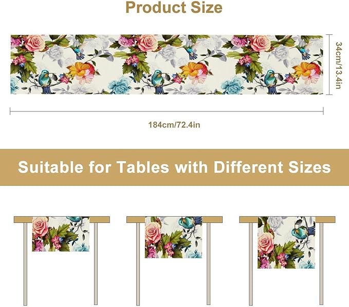 Hummingbird Table Runner,Vintage Floral Country Style Table Cloth Home Kitchen Restaurant Party Decoration 13x60 Inch