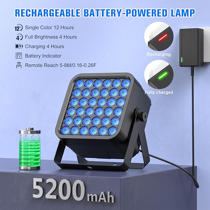 Rechargeable Par Can Lights, 72W RGB 5200mAh Uplights Battery Powered Stage Light, Wireless DJ Lights Sound Activated with Remote & DMX Control for Festivals, Weddings, Bars, Churches, DJ (6 Packs)