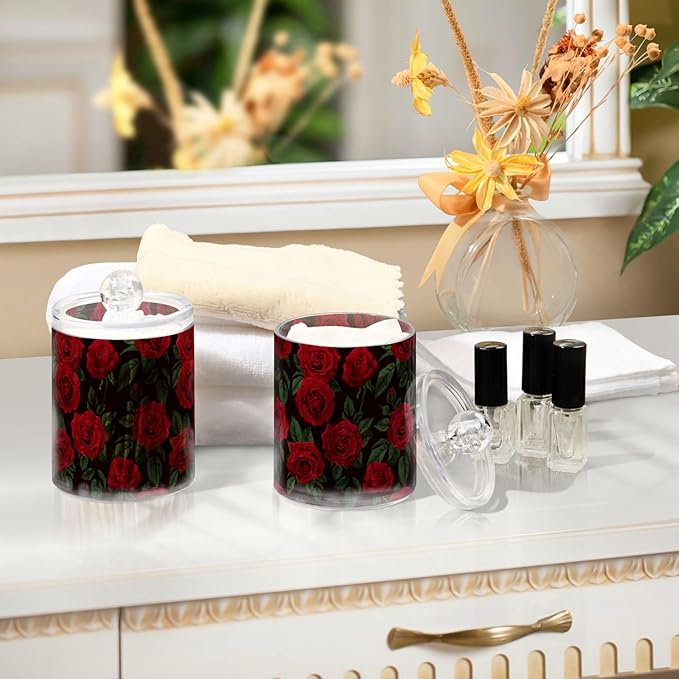 Gredecor Qtip Holder Dispenser 2 Pack Red Rose Flowers Leaves Bathroom Decorative Storage Canister Holder Counter Vanity Organizer for Cotton Ball Swabs Pads Floss