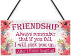 Rustic Wooden Signs Friendship Always Remember That if You Fall, I Will Pick You Up After I Finish Laughing Wood Plaque Sign Wall Art Decor Kitchen Cafe Pub Decor Gift 6x12 INCH
