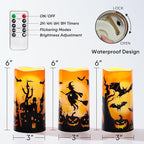 Homemory Halloween Candles, Orange Flameless Candles, Outdoor Waterproof Printed Decals Battery Operated LED Pillar Candles with Remote Timers for Fall Festival Spooky Decor, 3”x6”, Plastic, Set of 3